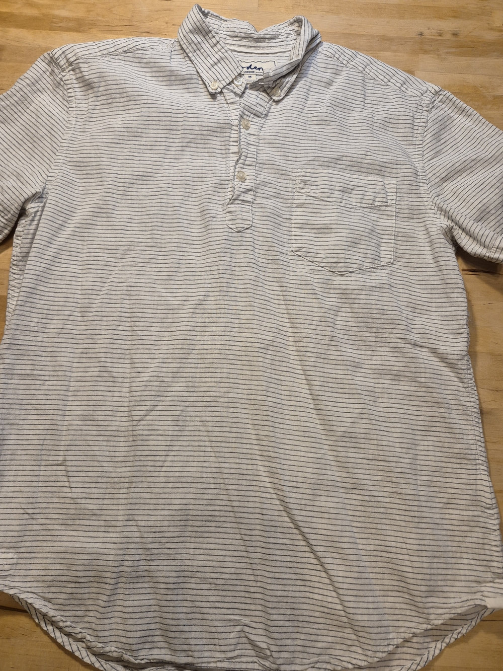 Boden Short-Sleeve 1/4 Button-Down Shirt in White with Navy Stripes 4729